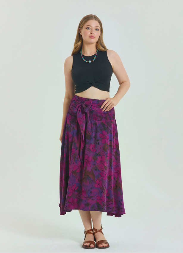 Gipe Waist Tied Wine Patterned Plus Size Skirt 4598